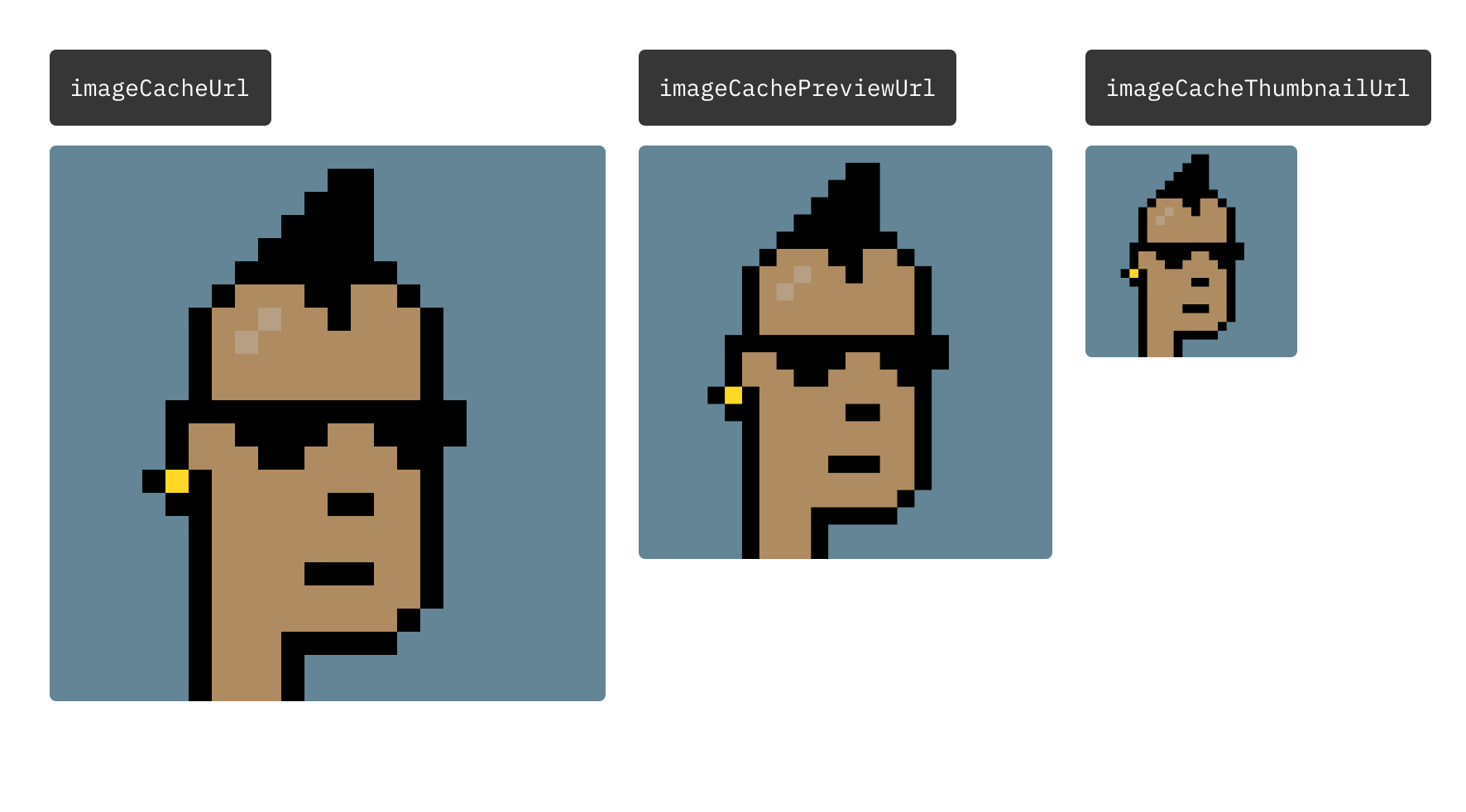 Example showing crypto punk assets in 3 different dimensions representing image cache URL, image cache preview URL and image cache thumbnail URL respectively